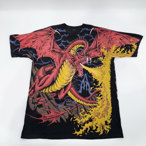 Vintage 1993 Liquid BlueDragon All Over Print T-Shirt Fantasy Graphic